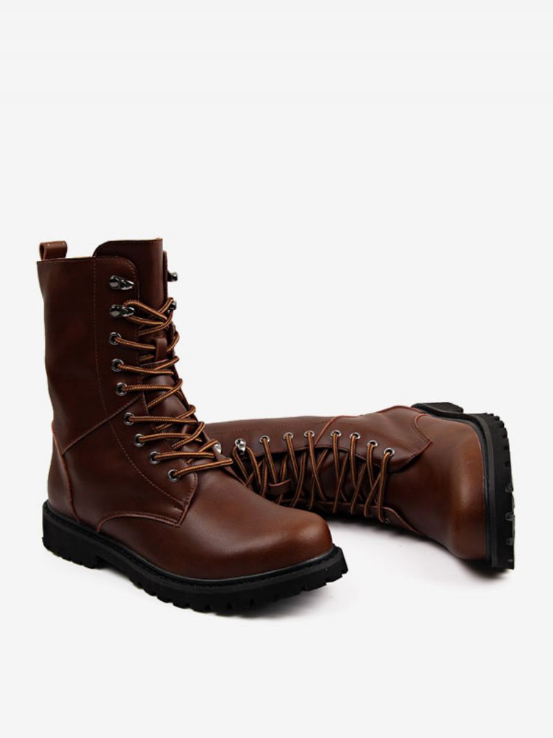 Bottes Travail Pour Hommes Combat Cuir Pu À Lacets Bout Rond Boucles Mi-mollet - Marron Café