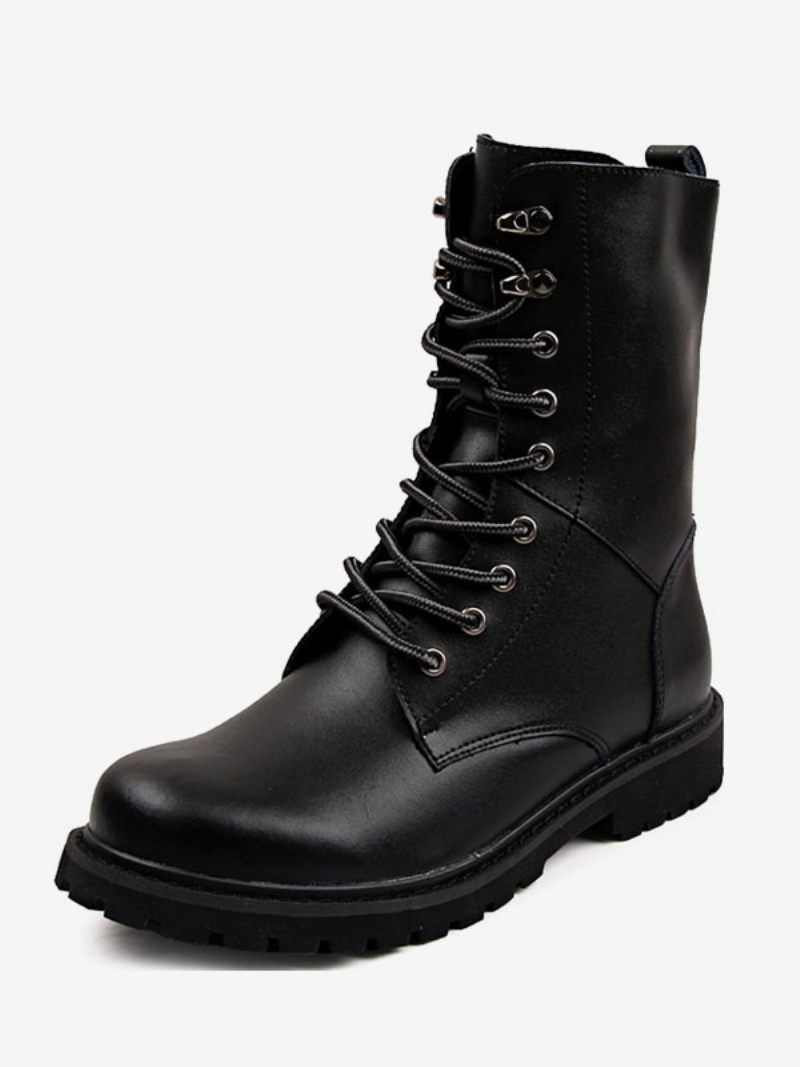 Bottes Travail Pour Hommes Combat Cuir Pu À Lacets Bout Rond Boucles Mi-mollet - Noir