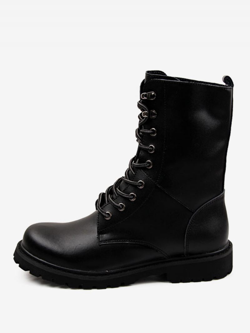 Bottes Travail Pour Hommes Combat Cuir Pu À Lacets Bout Rond Boucles Mi-mollet - Noir