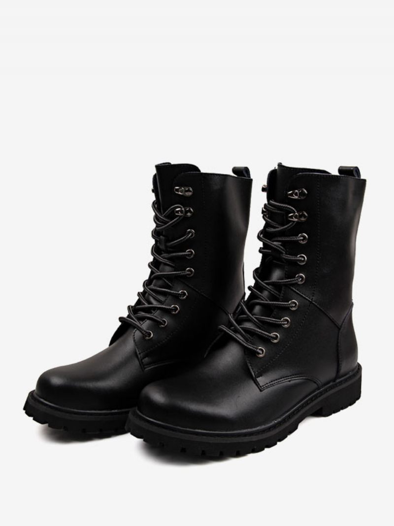 Bottes Travail Pour Hommes Combat Cuir Pu À Lacets Bout Rond Boucles Mi-mollet - Noir