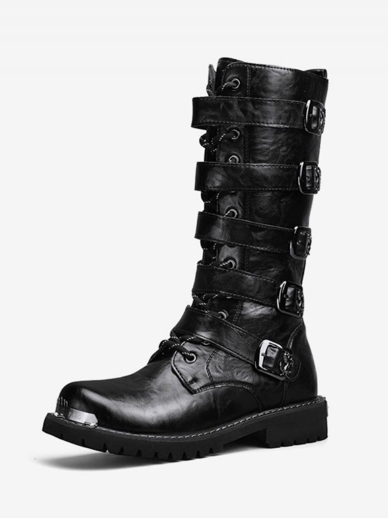 Bottes Travail Pour Hommes Cuir Pu À Bout Rond Combat Avec Boucles Lacets Hautes Au Genou Steampunk