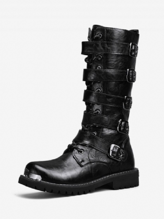 Bottes Travail Pour Hommes Cuir Pu À Bout Rond Combat Avec Boucles Lacets Hautes Au Genou Steampunk