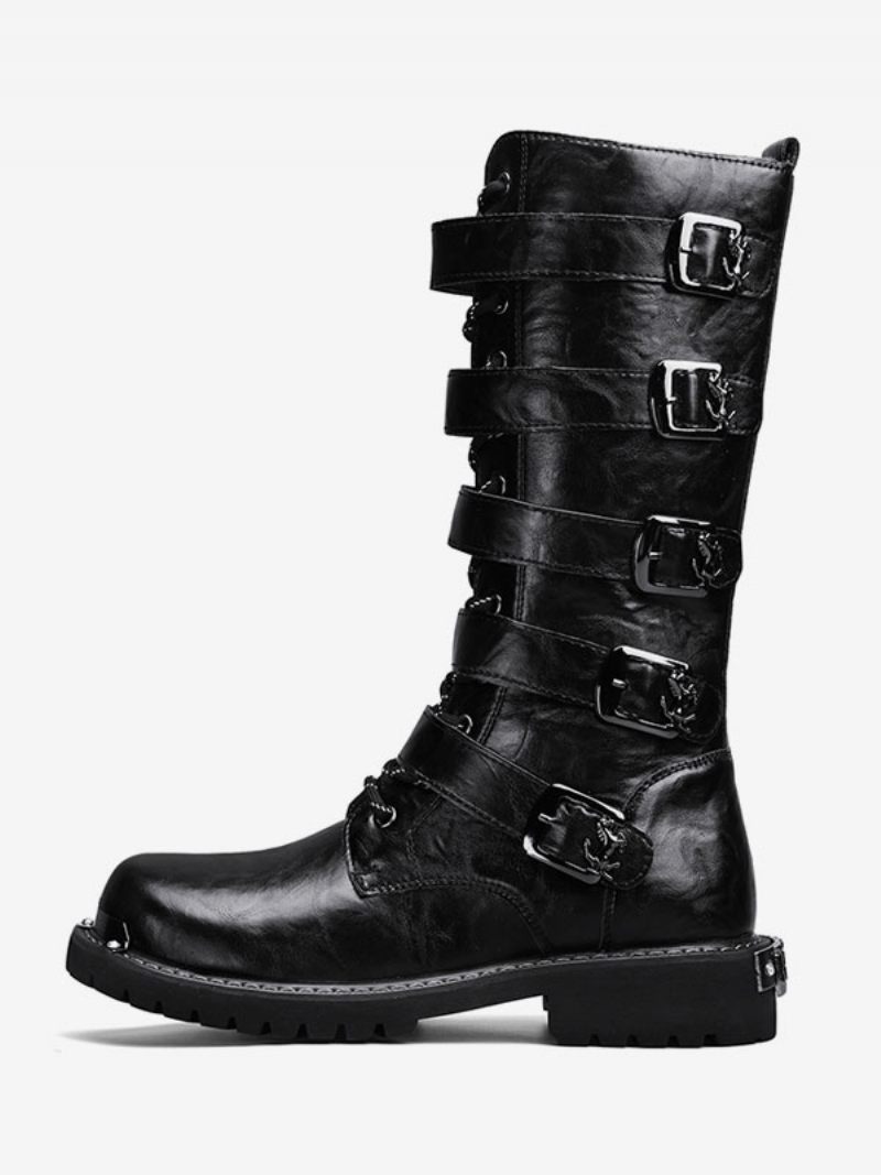 Bottes Travail Pour Hommes Cuir Pu À Bout Rond Combat Avec Boucles Lacets Hautes Au Genou Steampunk - Noir