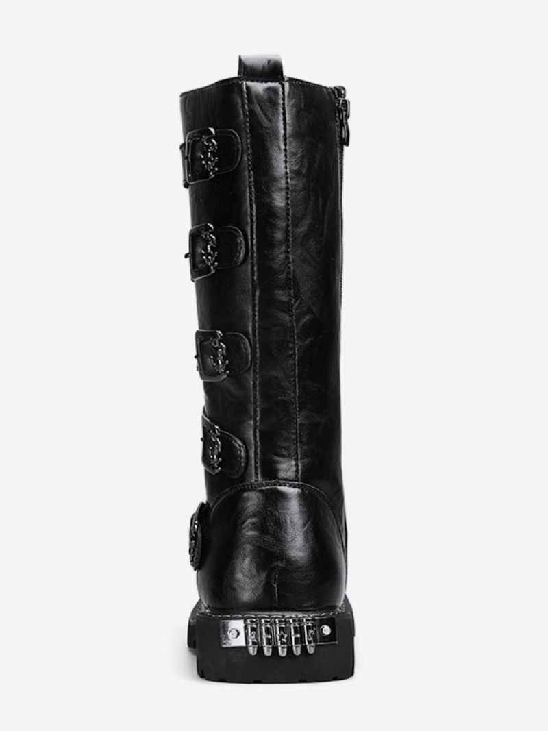 Bottes Travail Pour Hommes Cuir Pu À Bout Rond Combat Avec Boucles Lacets Hautes Au Genou Steampunk - Noir