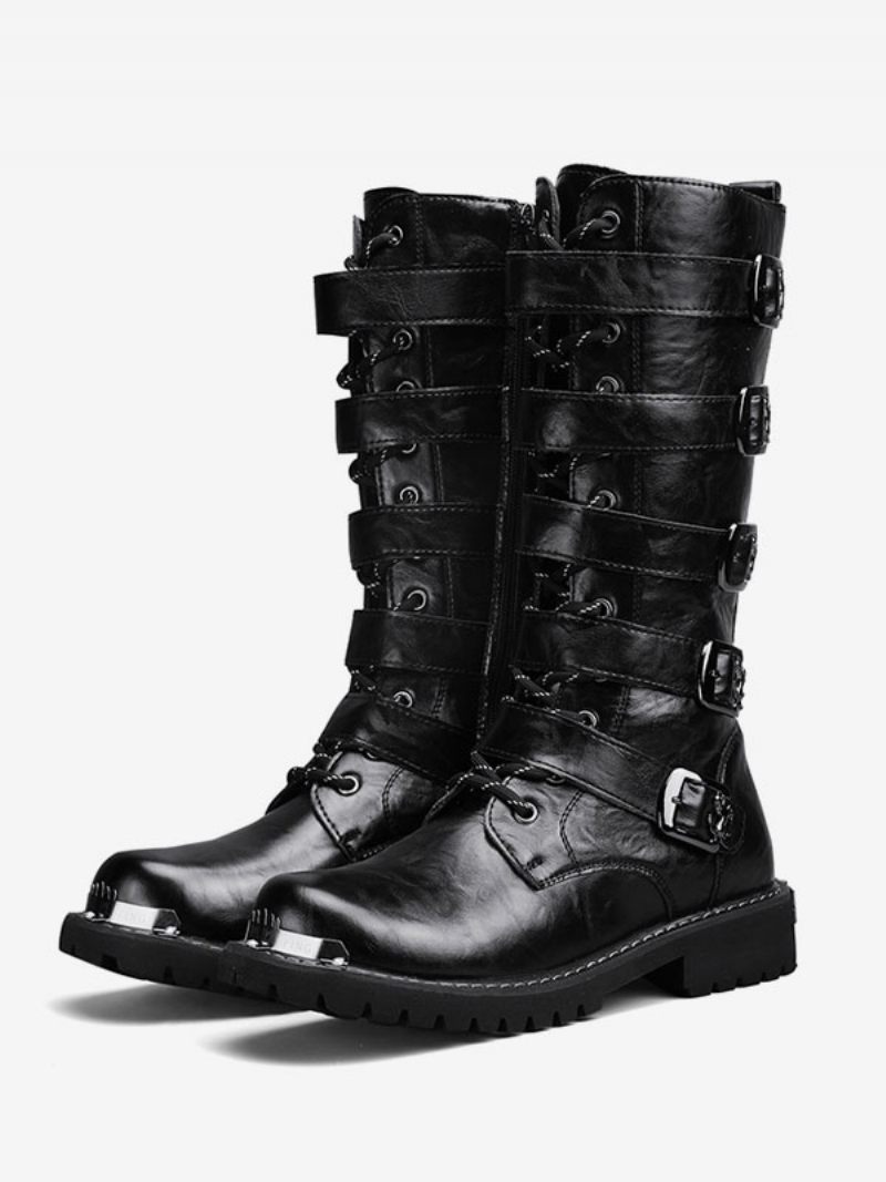 Bottes Travail Pour Hommes Cuir Pu À Bout Rond Combat Avec Boucles Lacets Hautes Au Genou Steampunk - Noir