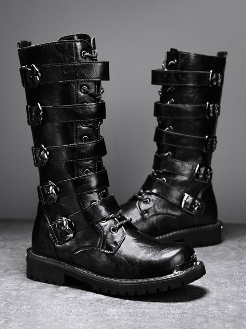 Bottes Travail Pour Hommes Cuir Pu À Bout Rond Combat Avec Boucles Lacets Hautes Au Genou Steampunk - Noir