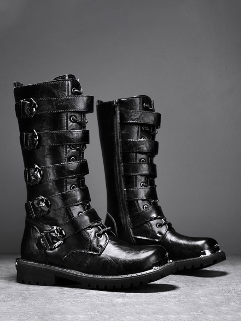 Bottes Travail Pour Hommes Cuir Pu À Bout Rond Combat Avec Boucles Lacets Hautes Au Genou Steampunk - Noir