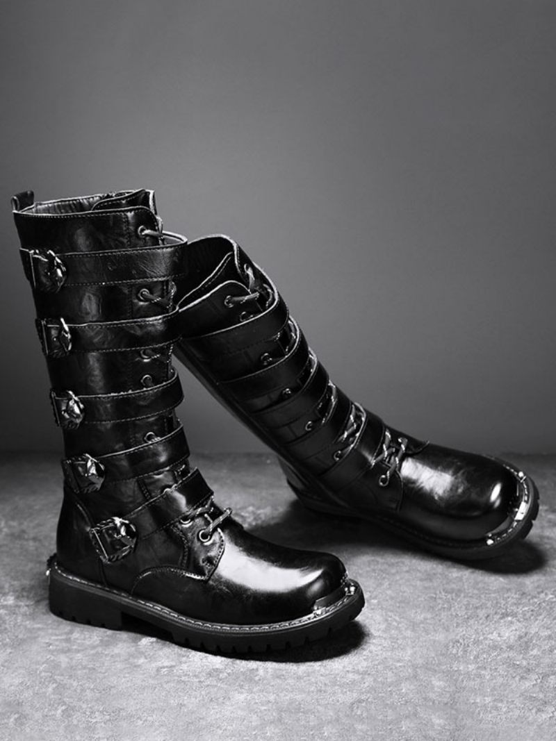 Bottes Travail Pour Hommes Cuir Pu À Bout Rond Combat Avec Boucles Lacets Hautes Au Genou Steampunk - Noir