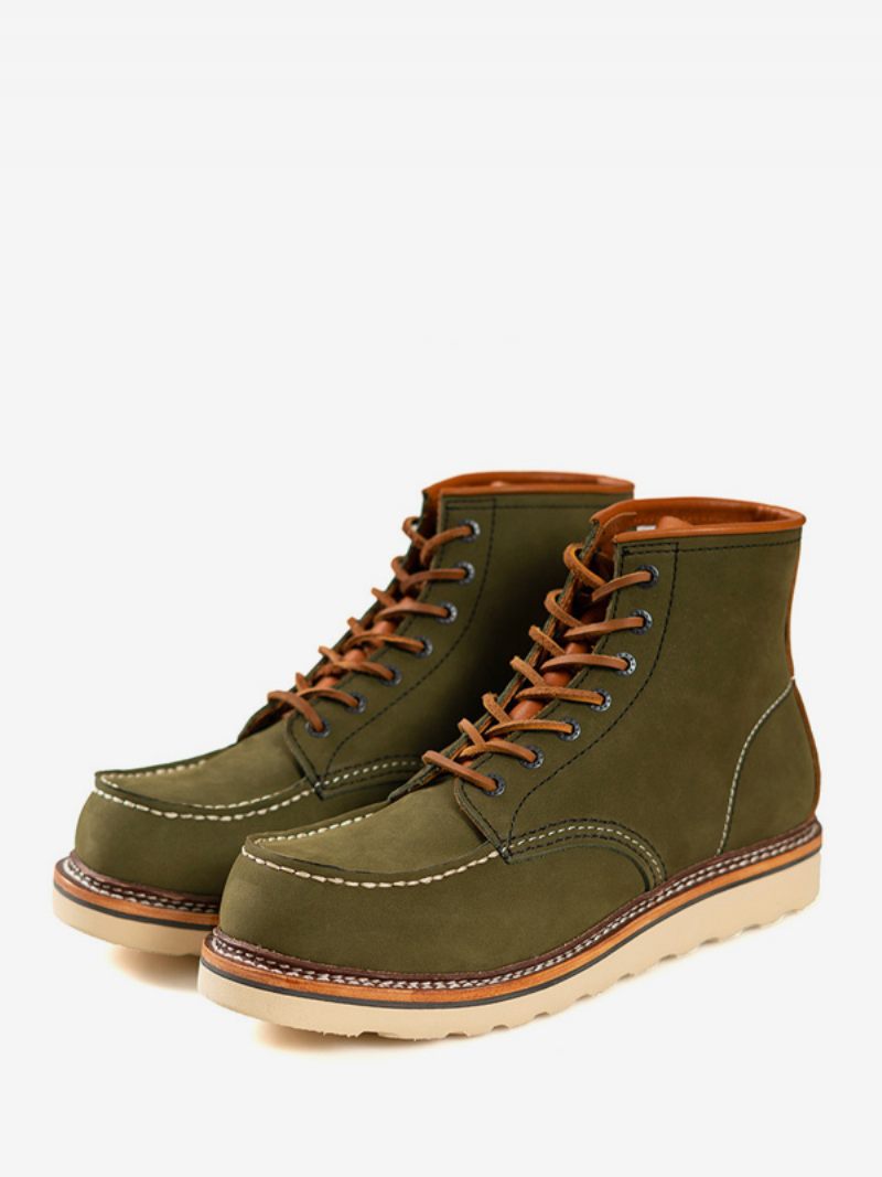 Bottes Travail Martin Pour Hommes Combat À Bout Rond Cuir Vache Marron Foncé - Vert Chasseur