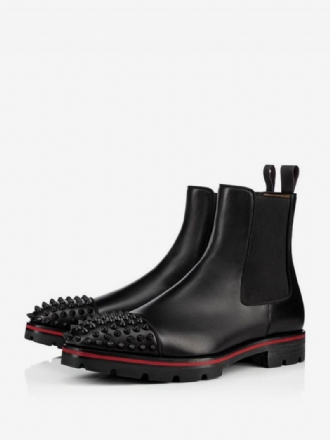 Bottines Chelsea À Bout Carré Cuir Vache Noir Pour Hommes Pointes Faites La Main Style Punk Avec Semelle Crantée