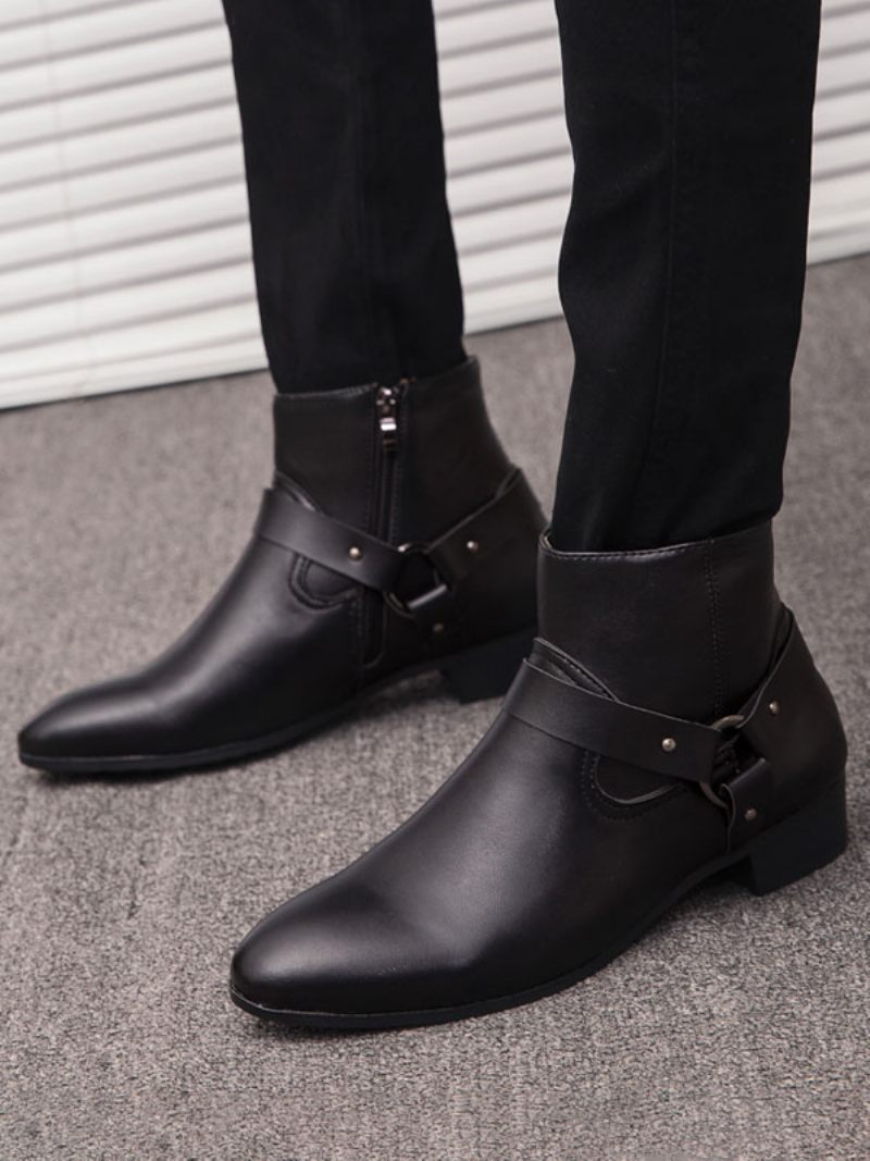 Bottines Chelsea À Bout Pointu Cuir Pu Avec Boucle Fabuleuse Pour Hommes - Noir