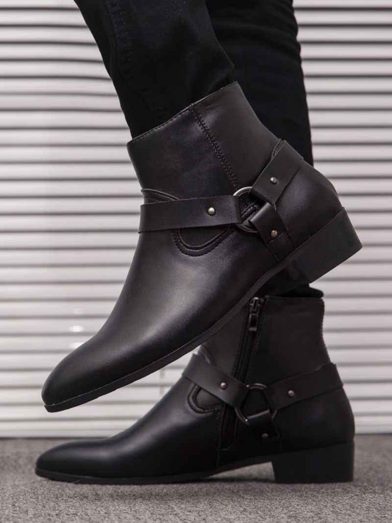 Bottines Chelsea À Bout Pointu Cuir Pu Avec Boucle Fabuleuse Pour Hommes - Noir