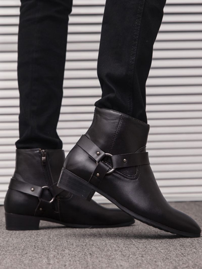 Bottines Chelsea À Bout Pointu Cuir Pu Avec Boucle Fabuleuse Pour Hommes - Noir