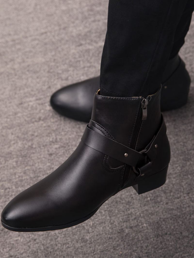 Bottines Chelsea À Bout Pointu Cuir Pu Avec Boucle Fabuleuse Pour Hommes - Noir