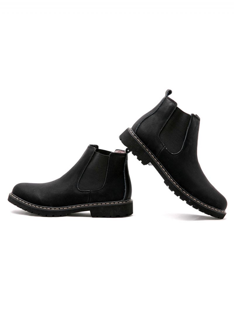 Bottines Chelsea Pour Hommes À Bout Rond Cuir Noir - Noir