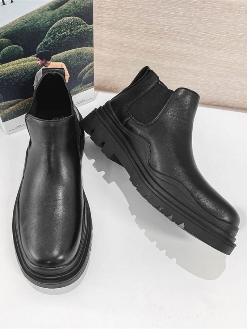 Bottines Chelsea Modernes Cuir Vache À Bout Rond Pour Hommes - Noir