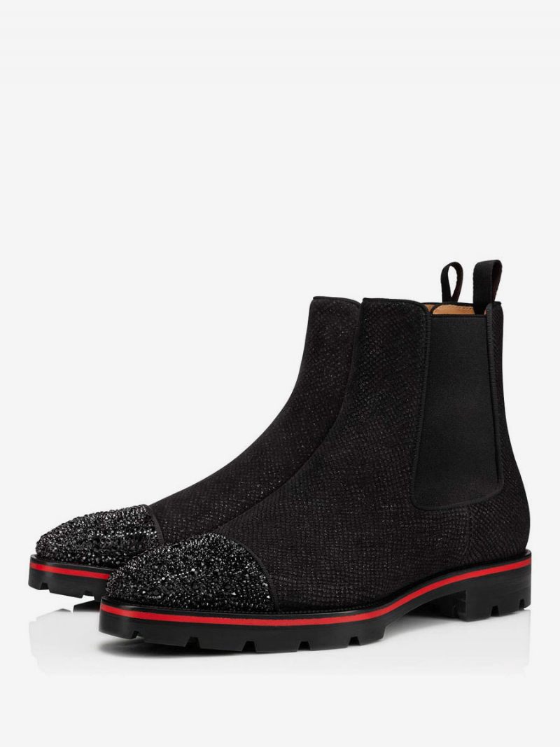 Bottines Chelsea Texturées À Paillettes Pour Hommes Bout Carré Pattes Latérales Élastiquées Robe Daim Noir Avec Strass Scintillants