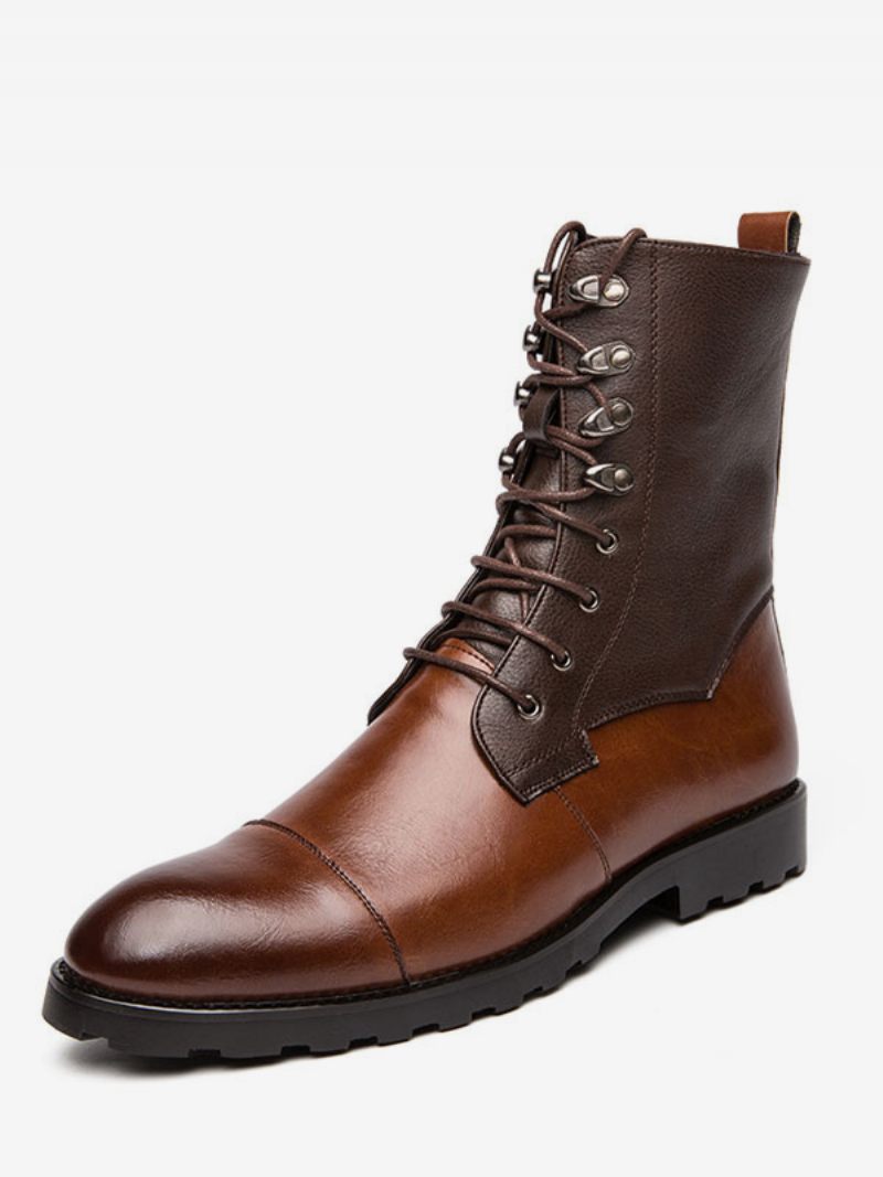 Bottines Pour Hommes Cuir Pu À Bout Rond Lacets Bottes Cowboy Marron