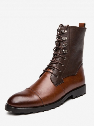 Bottines Pour Hommes Cuir Pu À Bout Rond Lacets Bottes Cowboy Marron