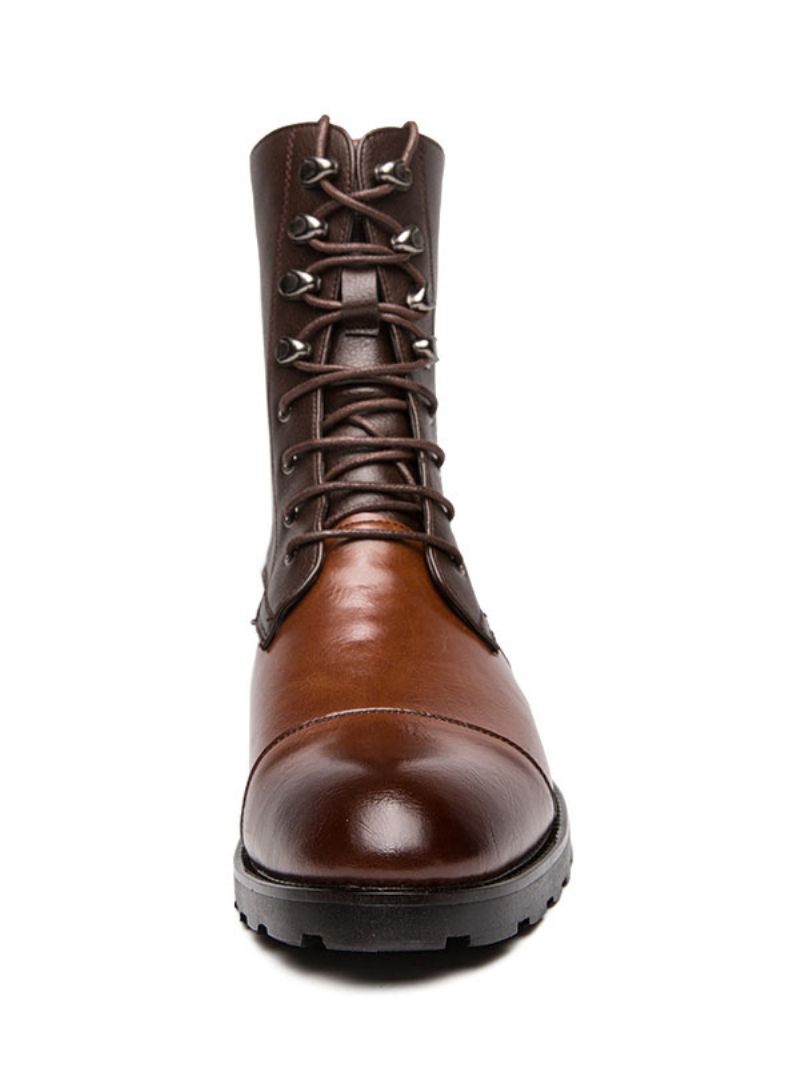 Bottines Pour Hommes Cuir Pu À Bout Rond Lacets Bottes Cowboy Marron - Café Brun