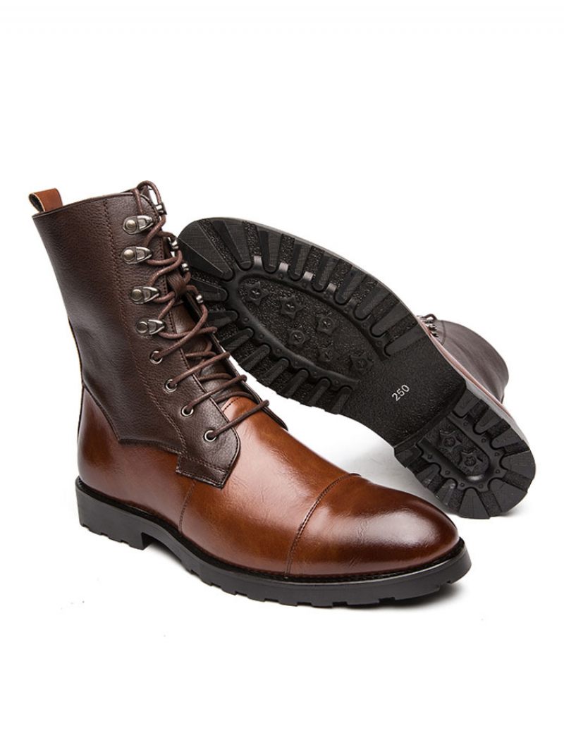 Bottines Pour Hommes Cuir Pu À Bout Rond Lacets Bottes Cowboy Marron - Café Brun