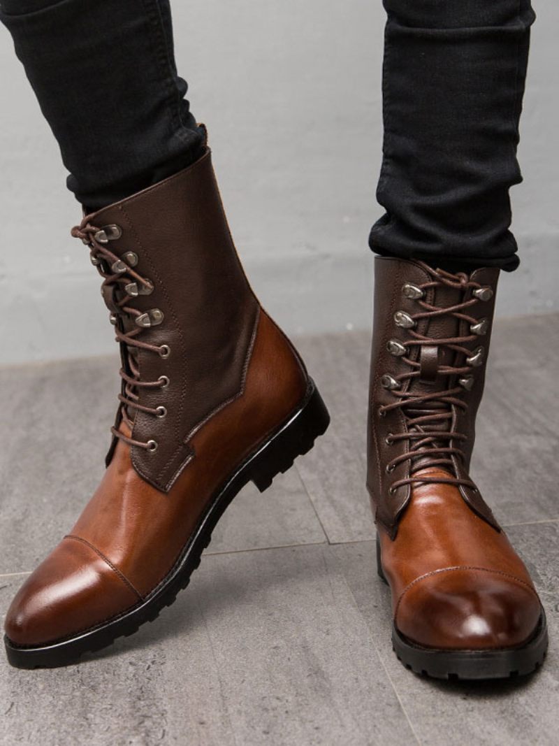 Bottines Pour Hommes Cuir Pu À Bout Rond Lacets Bottes Cowboy Marron - Café Brun