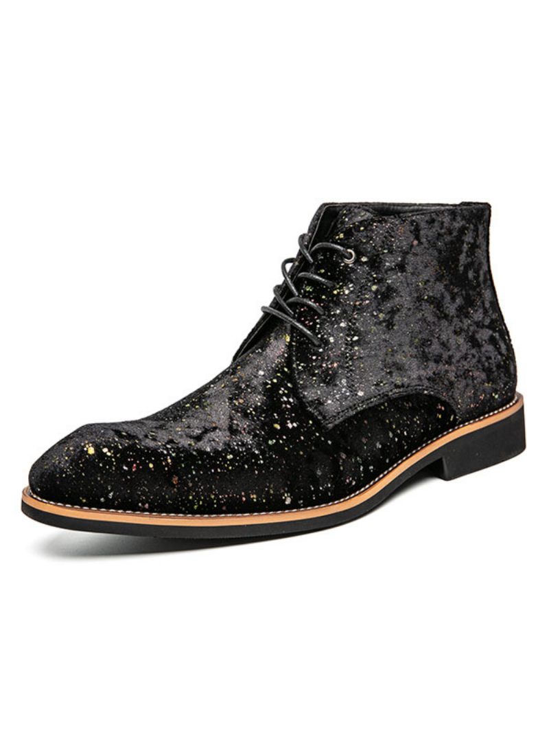 Bottines Pour Hommes Paillettes Bout Rond Bottes Chukka Cuir Pu Bleu Martin - Noir