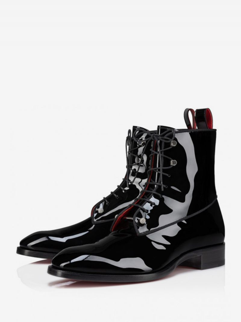 Bottines À Lacets Pour Hommes Bottes Bal Piercing Cuir Pu Verni Noir