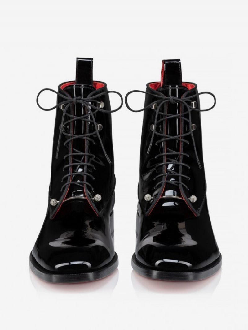 Bottines À Lacets Pour Hommes Bottes Bal Piercing Cuir Pu Verni Noir - Noir