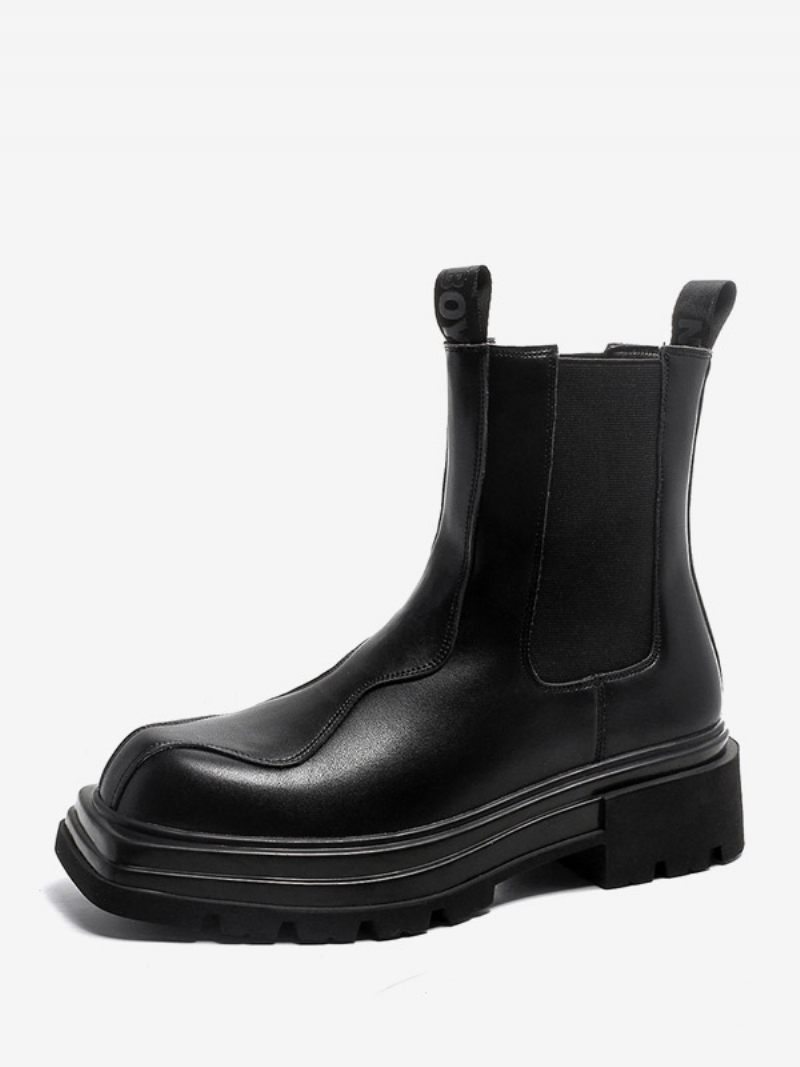 Bottines Noires Pour Hommes Chelsea À Bout Rond - Pu Noir