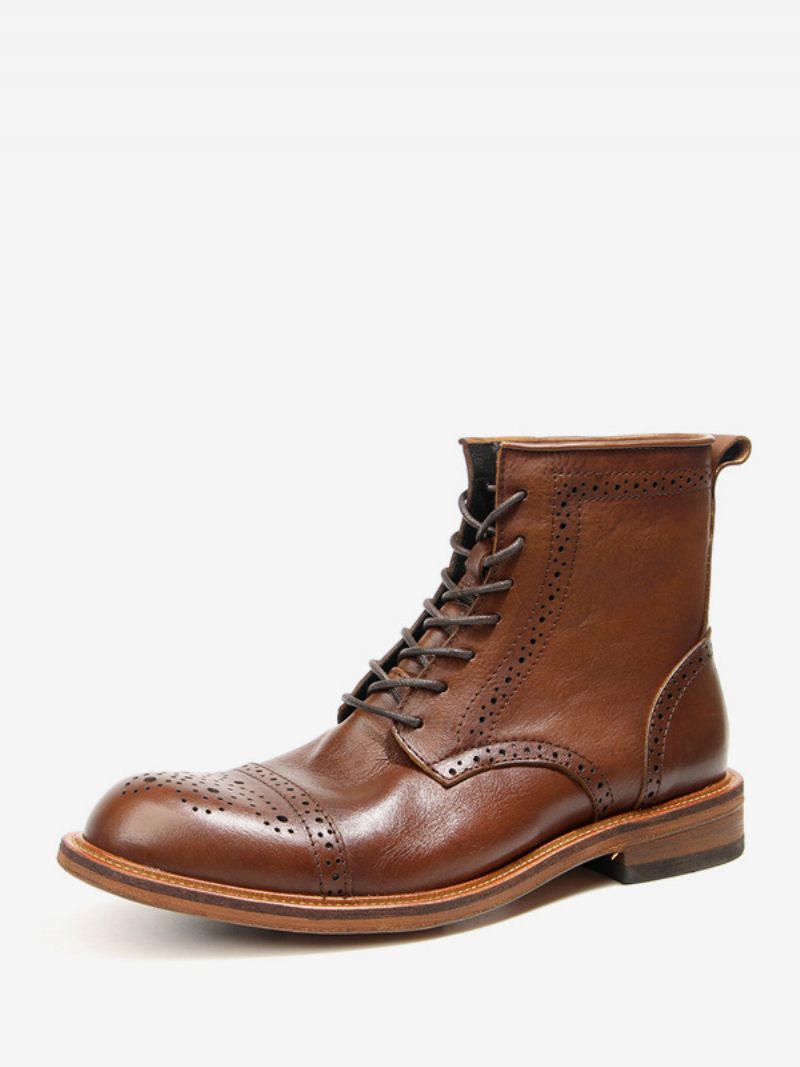 Brogue Pour Hommes Sculpté Haut Martin Travail Moto Café Marron Peau Vache Bout Rond À Lacets Rétro Bottes Courtes