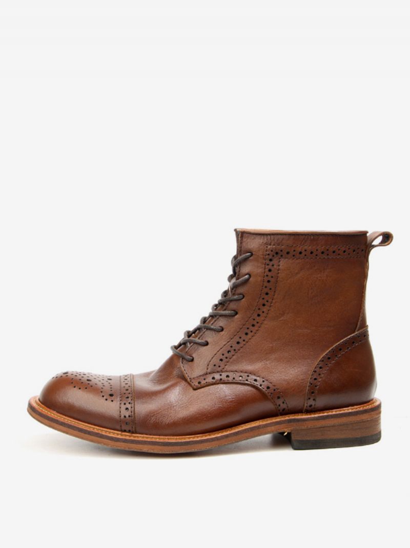 Brogue Pour Hommes Sculpté Haut Martin Travail Moto Café Marron Peau Vache Bout Rond À Lacets Rétro Bottes Courtes - Marron Café