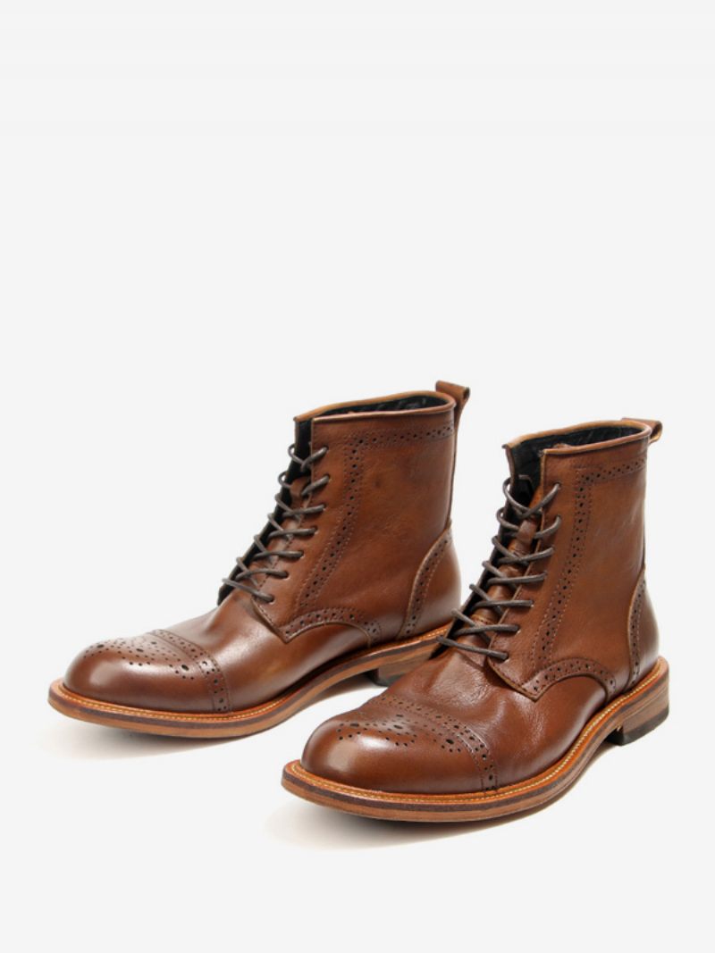 Brogue Pour Hommes Sculpté Haut Martin Travail Moto Café Marron Peau Vache Bout Rond À Lacets Rétro Bottes Courtes - Marron Café