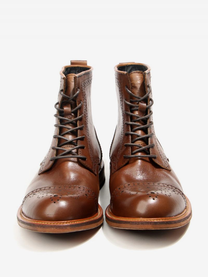 Brogue Pour Hommes Sculpté Haut Martin Travail Moto Café Marron Peau Vache Bout Rond À Lacets Rétro Bottes Courtes - Marron Café