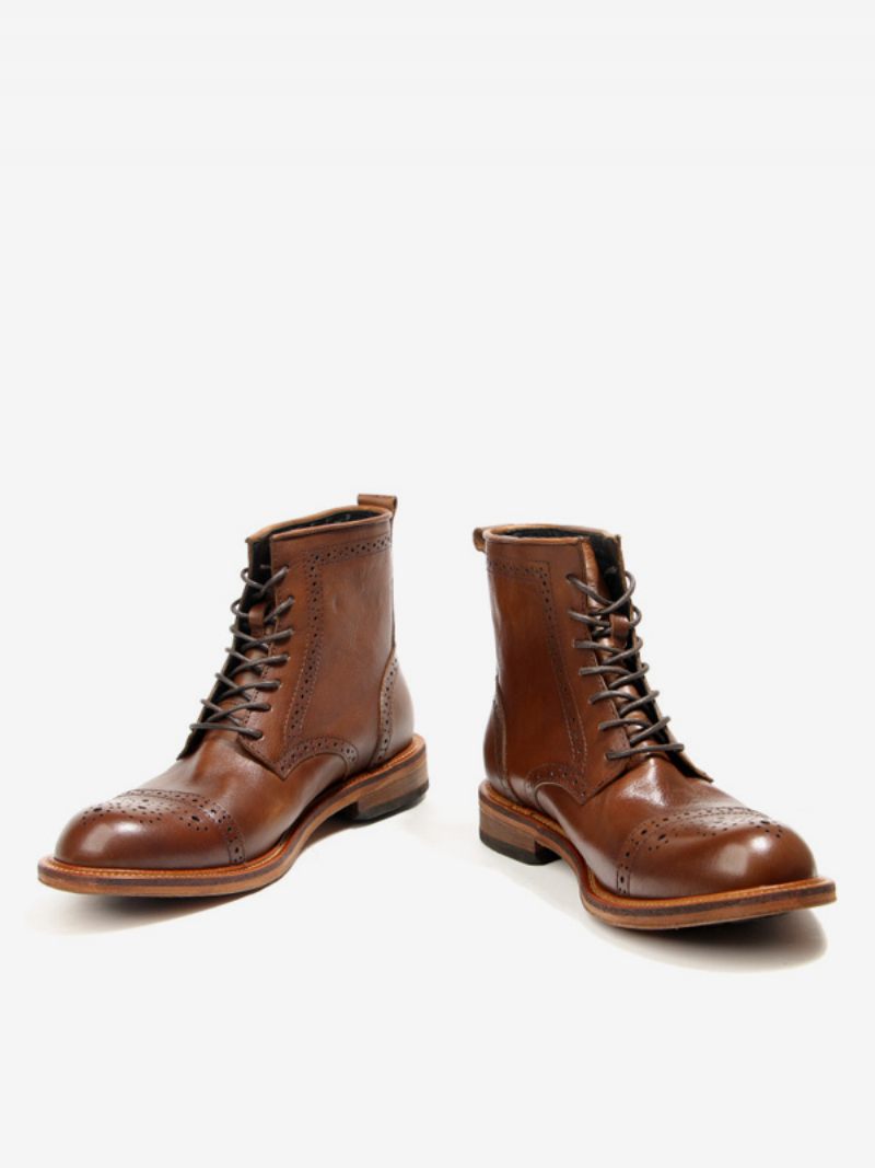 Brogue Pour Hommes Sculpté Haut Martin Travail Moto Café Marron Peau Vache Bout Rond À Lacets Rétro Bottes Courtes - Marron Café