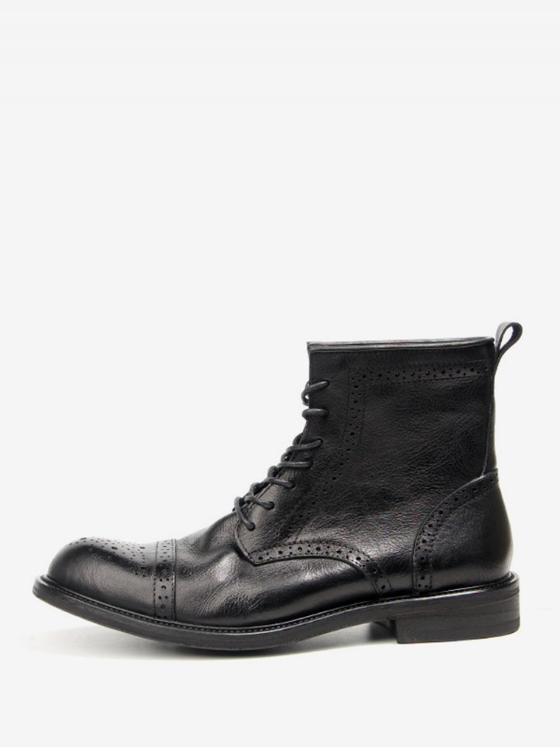 Brogue Pour Hommes Sculpté Haut Martin Travail Moto Café Marron Peau Vache Bout Rond À Lacets Rétro Bottes Courtes - Noir