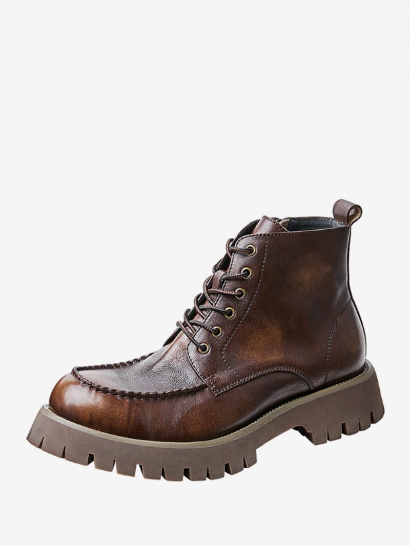 Martin Brogue Business Casual Rétro Café Marron Cuir Vachette Bout Rond Bottes Combat Pour Hommes