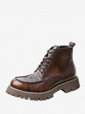 Martin Brogue Business Casual Rétro Café Marron Cuir Vachette Bout Rond Bottes Combat Pour Hommes