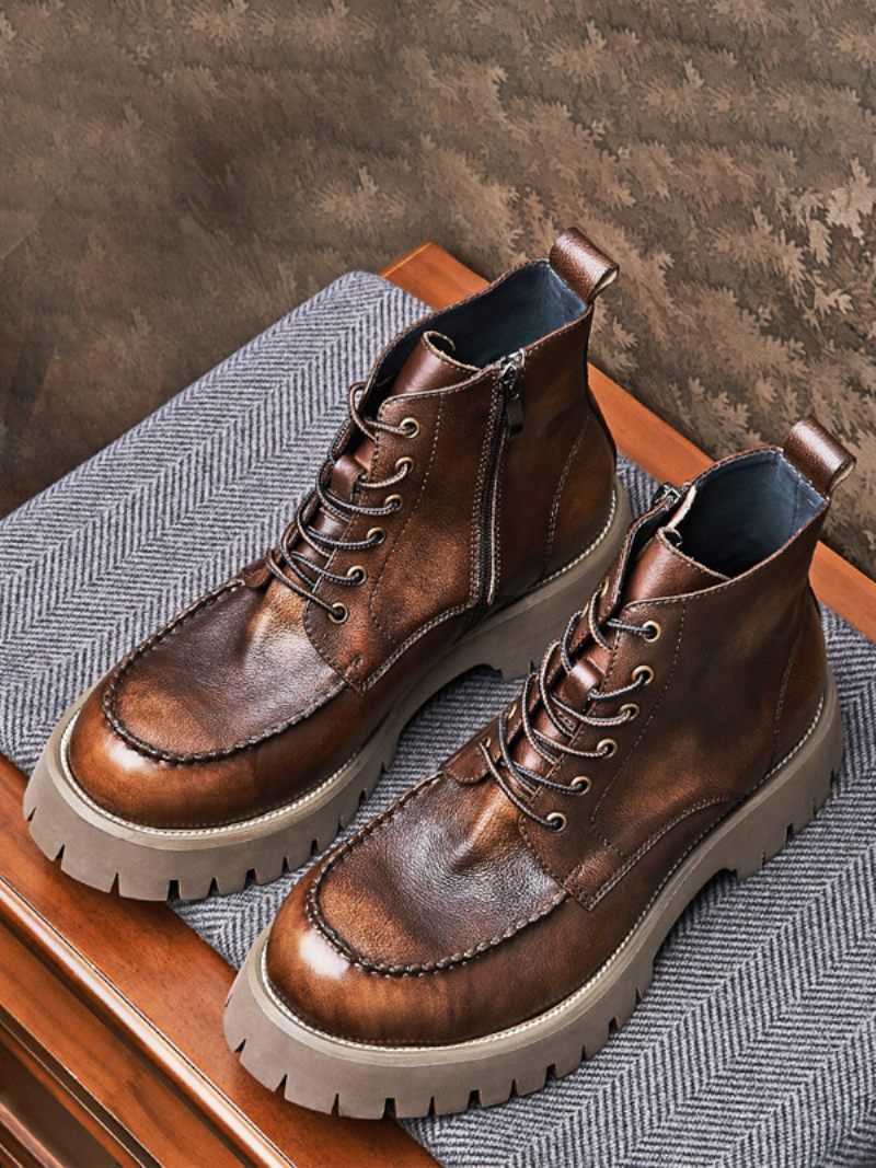 Martin Brogue Business Casual Rétro Café Marron Cuir Vachette Bout Rond Bottes Combat Pour Hommes - Café Brun