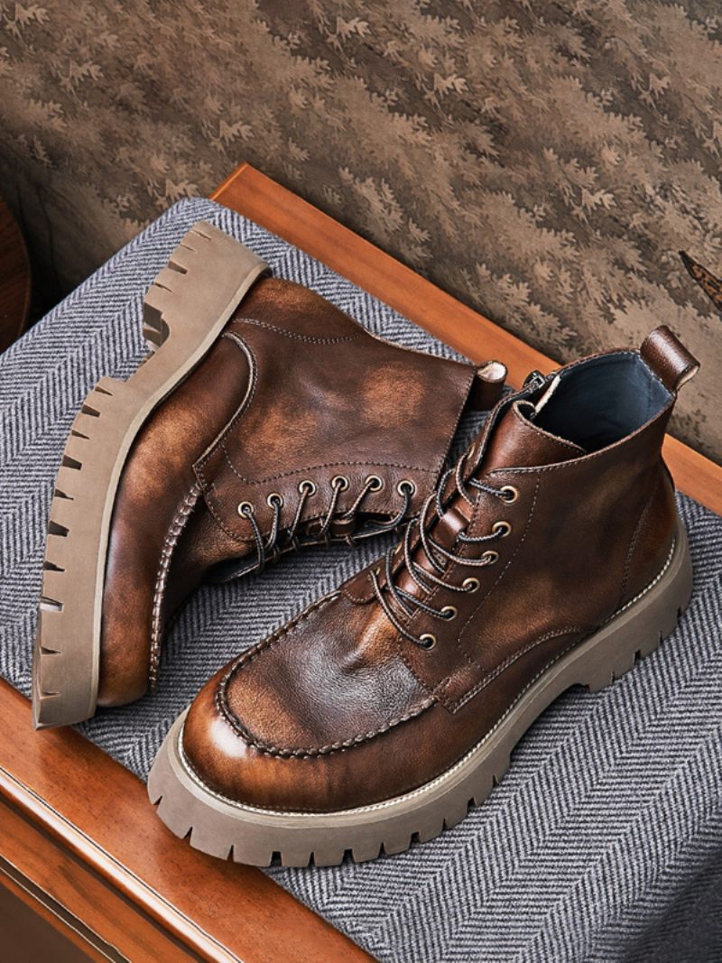 Martin Brogue Business Casual Rétro Café Marron Cuir Vachette Bout Rond Bottes Combat Pour Hommes - Café Brun