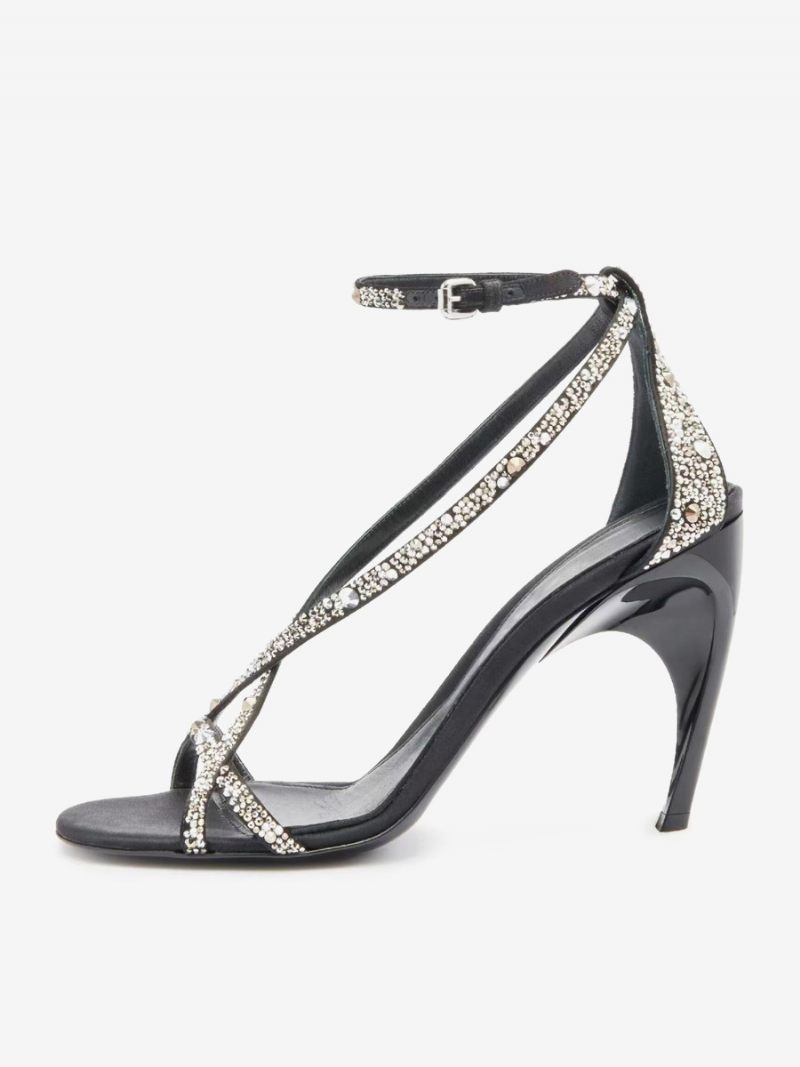 Chaussures Bal Noires Pour Femmes Sandales À Lanières Et Strass Talons Hauts - Noir