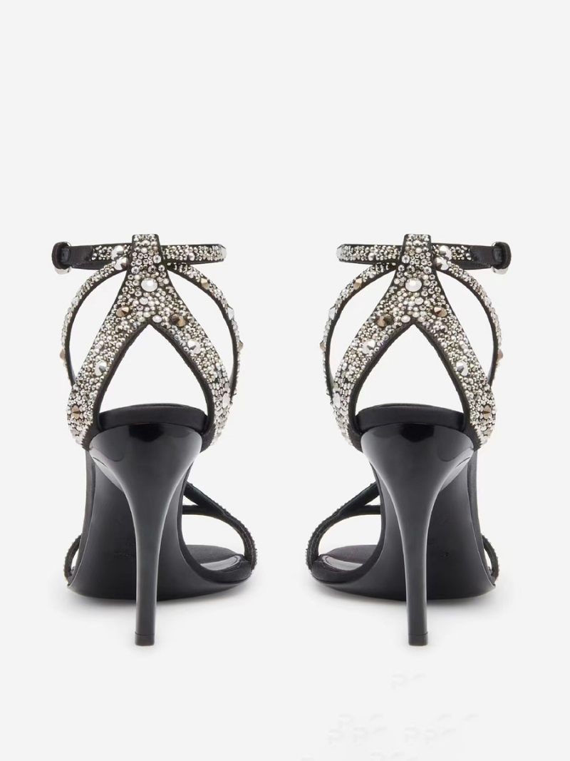 Chaussures Bal Noires Pour Femmes Sandales À Lanières Et Strass Talons Hauts - Noir