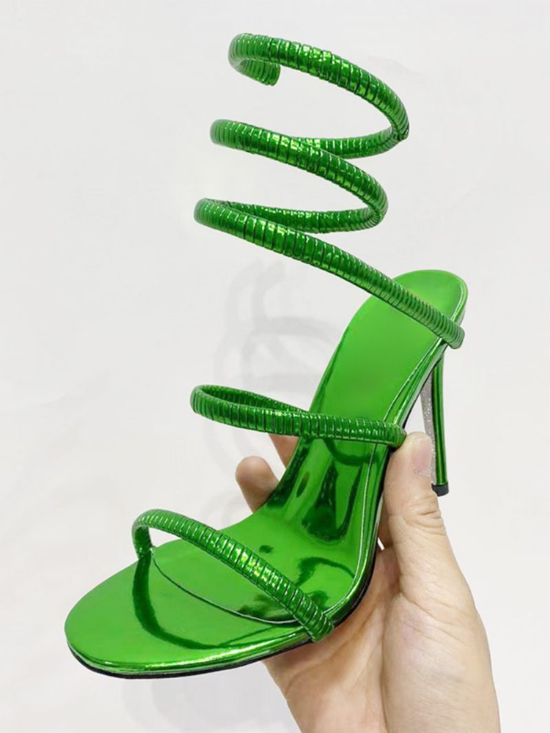 Chaussures Bal Roses Pour Femmes Sandales Métalliques À Talons Hauts Et Bout Ouvert Lanières - Vert