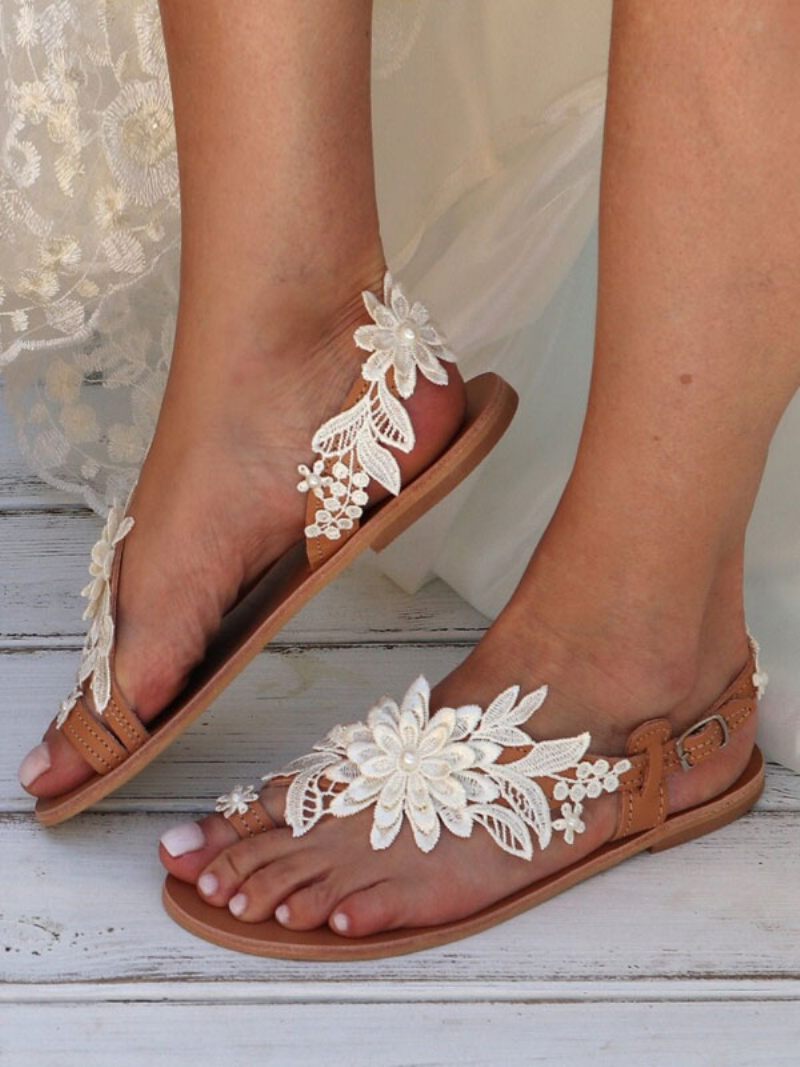 Chaussures Mariée Pour Femmes Sandales Plates Dentelle Brodée - Blanc