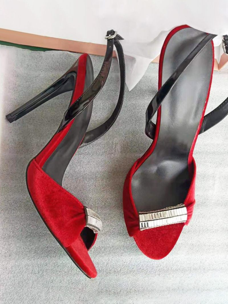 Chaussures Soirée Bal Rouges Pour Femmes Sandales À Talons Hauts Velours Bout Ouvert Et Perles