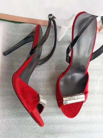 Chaussures Soirée Bal Rouges Pour Femmes Sandales À Talons Hauts Velours Bout Ouvert Et Perles