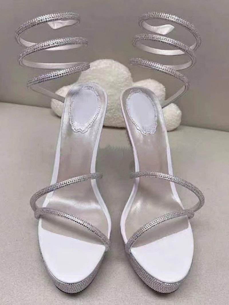 Chaussures Soirée Dorées Pour Femmes Sandales À Talons Hauts Lanières Et Strass - Blanc