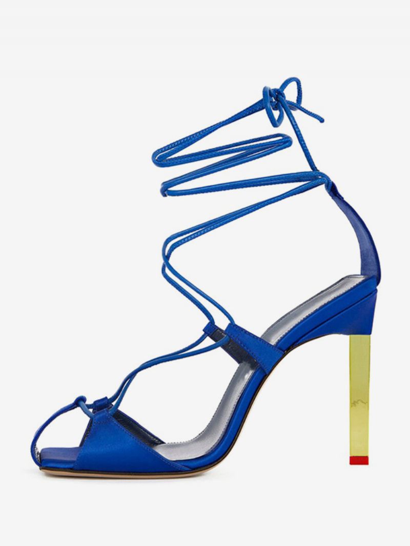 Chaussures Soirée Satin Bleu À Lacets Sandales Talons Hauts Pour Femmes - Bleu