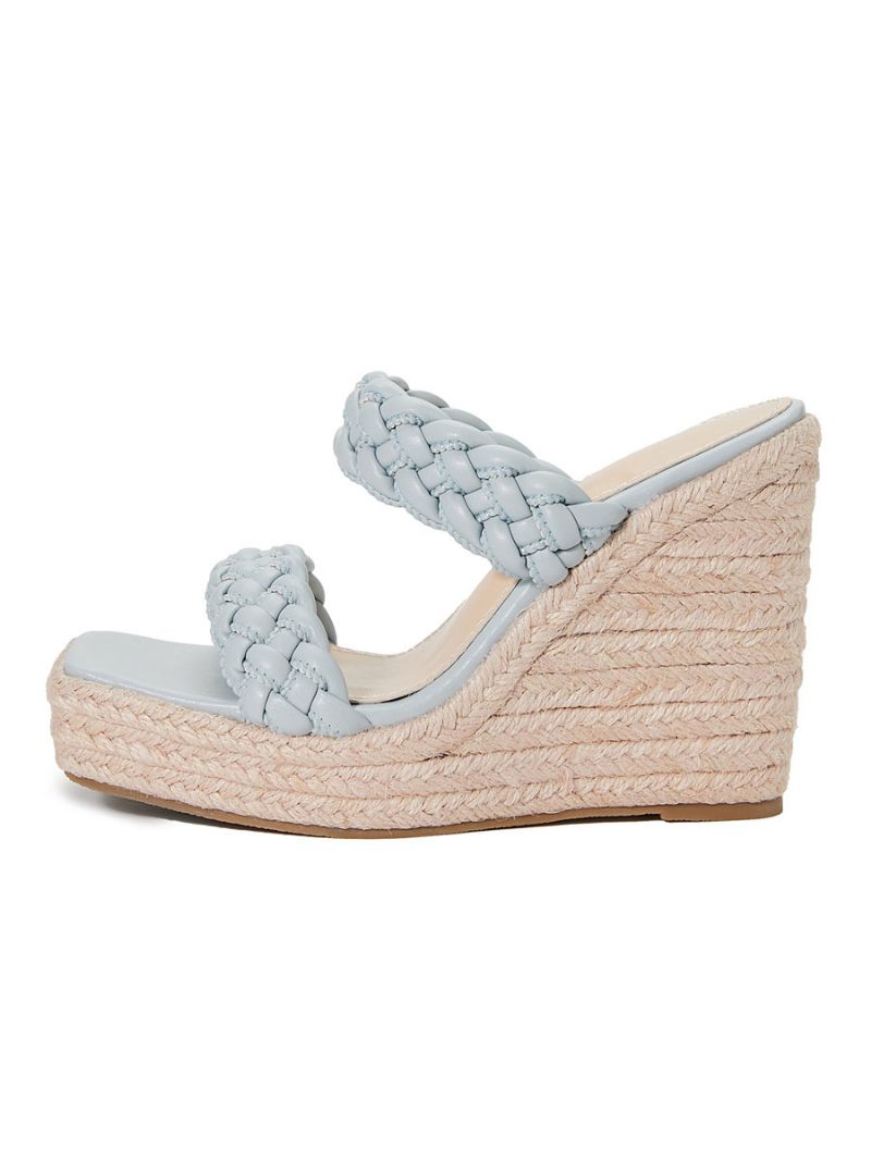 Mules À Talons Compensés Pour Femmes Enfiler Bout Carré Cuir Pu Blond Clair Sandales Mariage Boho - Bleu Bébé