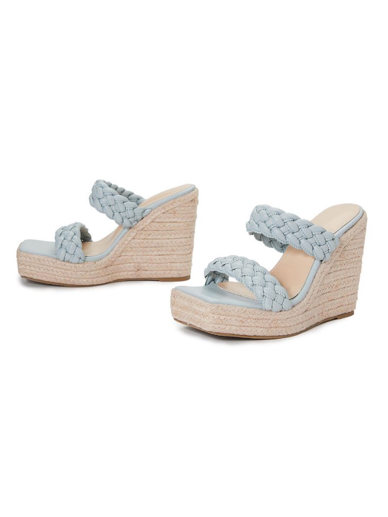 Mules À Talons Compensés Pour Femmes Enfiler Bout Carré Cuir Pu Blond Clair Sandales Mariage Boho - Bleu Bébé